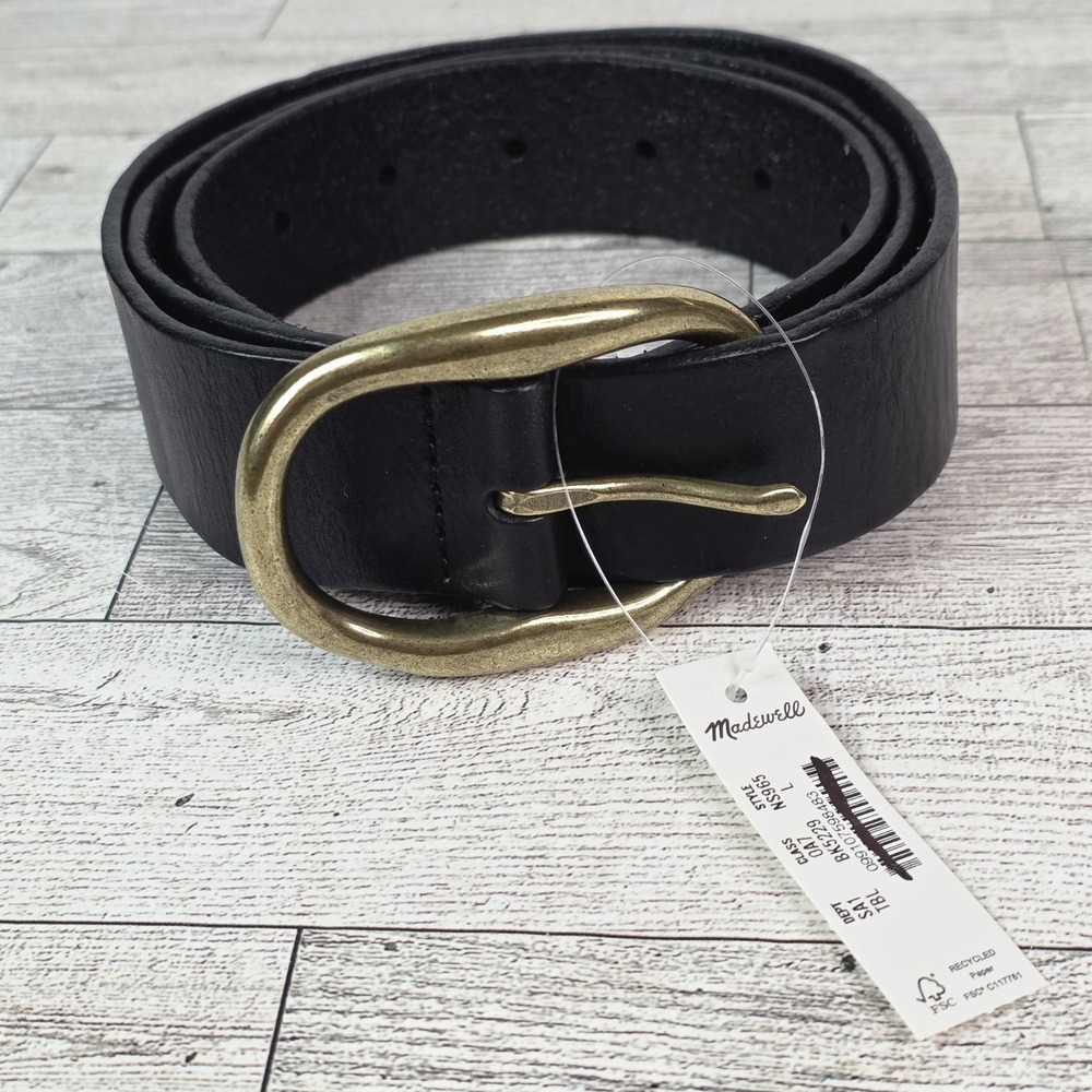 New Madewell Oval Buckle Belt True Black Distressed Leather Women's Size Large